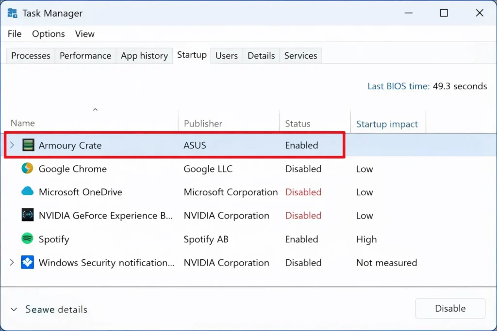 Method One Disable Armoury Crate in Task Manager Startup