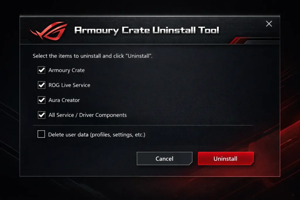 Armoury Crate Uninstall Tool interface