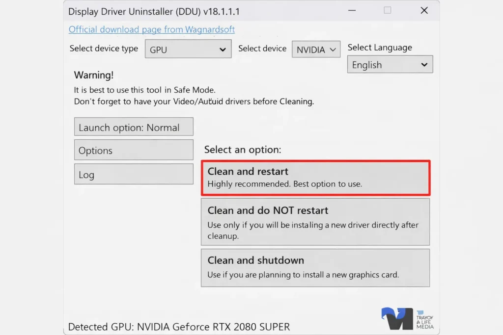 DDU interface showing