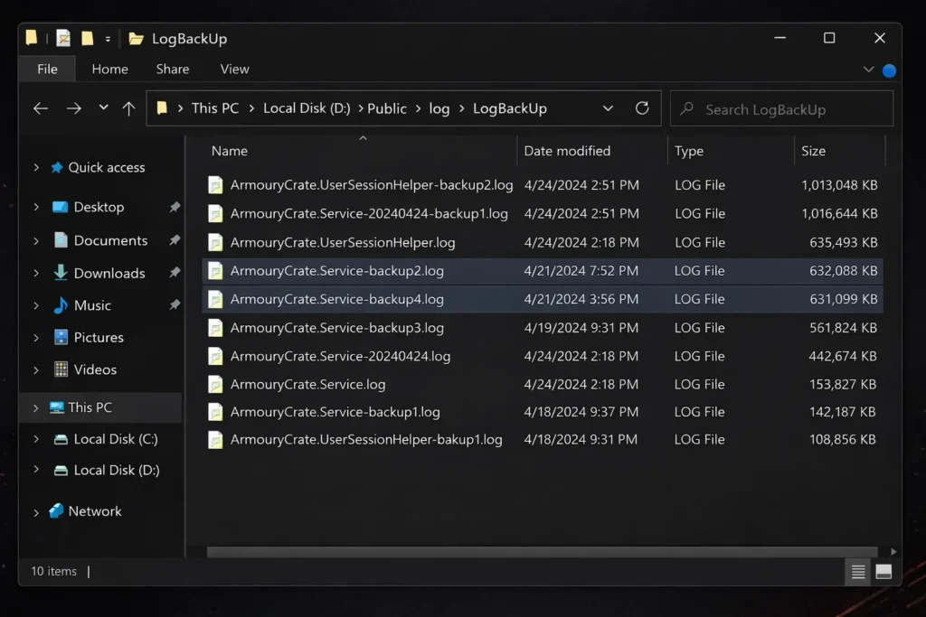 Windows Explorer showing large Armoury Crate log files