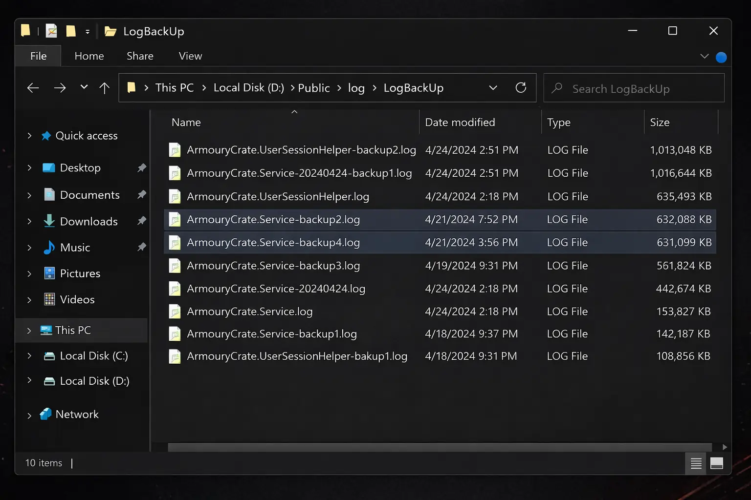 Windows Explorer showing large Armoury Crate log files