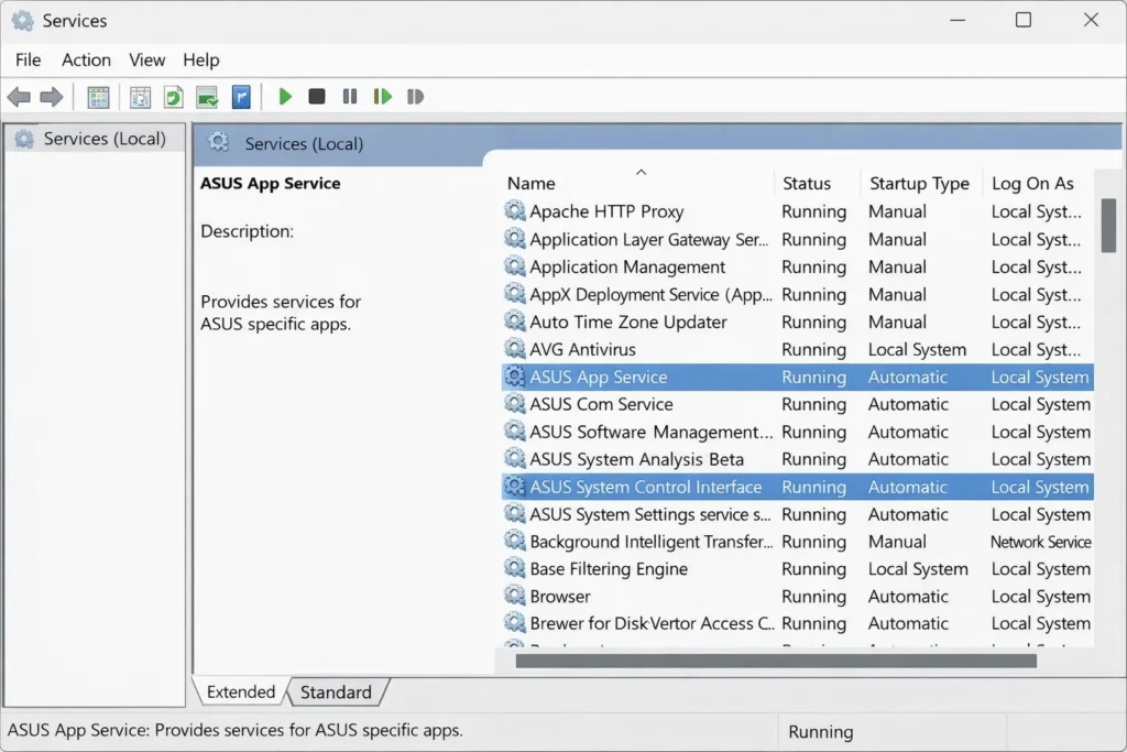 window showing ASUS services